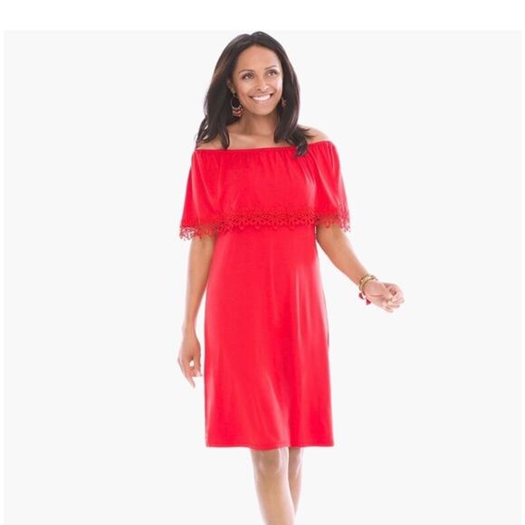 Chico’s Runway Red Embroidered Hem Off the Shoulder Knee Length Dress Size 6 - Picture 1 of 11